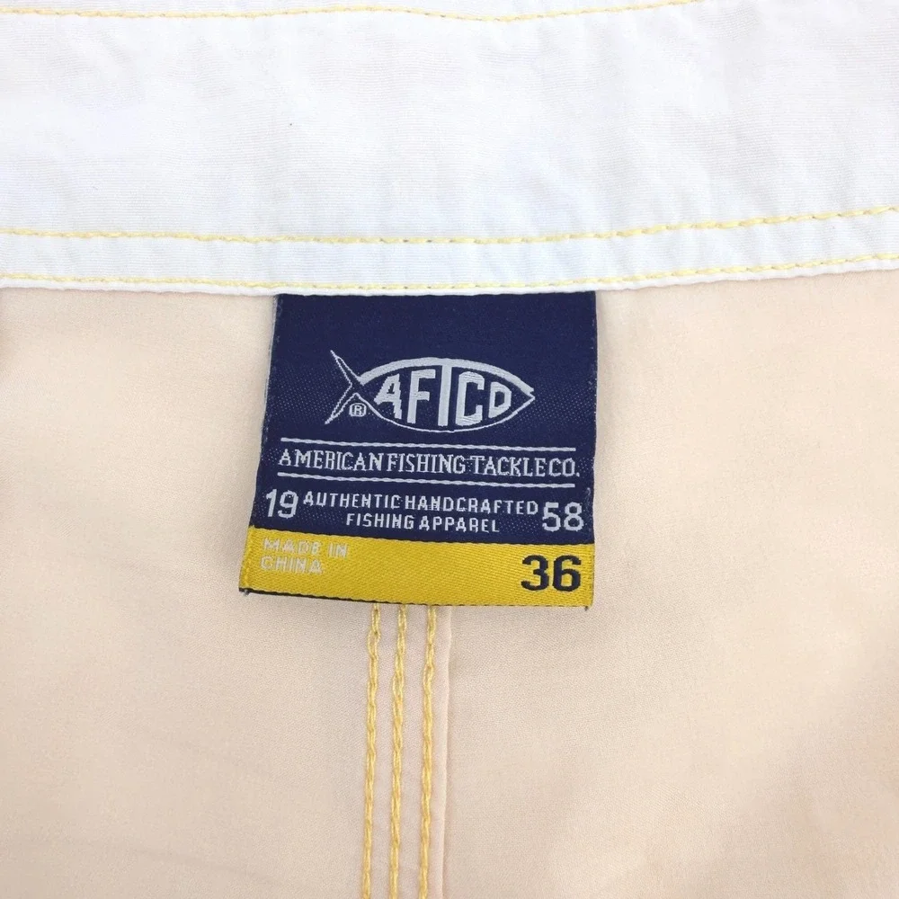 AFTCO Board Shorts Mens 36 Yellow Blue Fish Print Hybrid Performance Swim Trunks